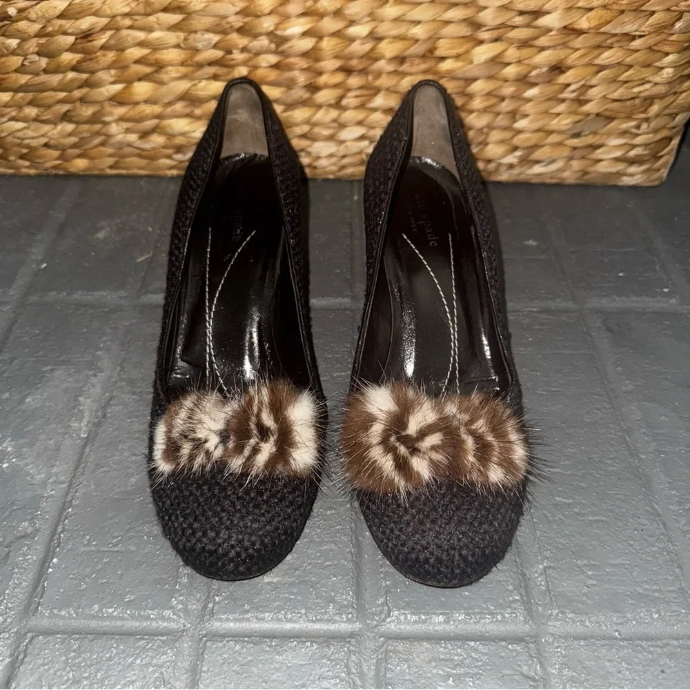 Kate Spade Women's‎ Tweed Fur Pump Heels Dark Brown Size 7.5 B